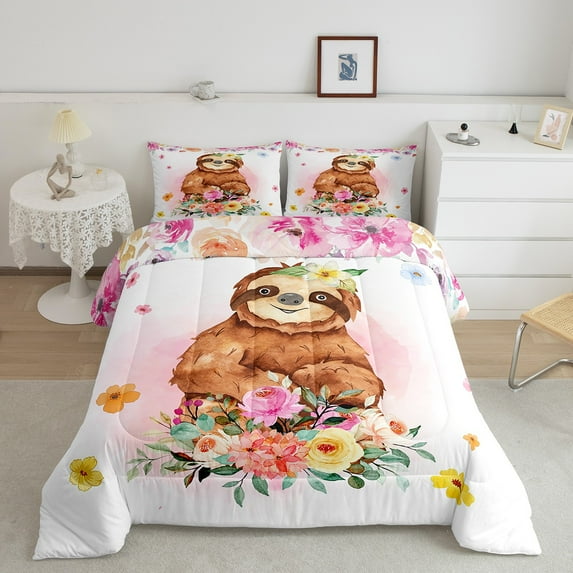 Sloth Comforter Set Boho Floral King Bedding Set ,Cute Wild Animal Quilt Watercolor Flowers Duvet Insert,Rustic Wildlife Bohemian Decor