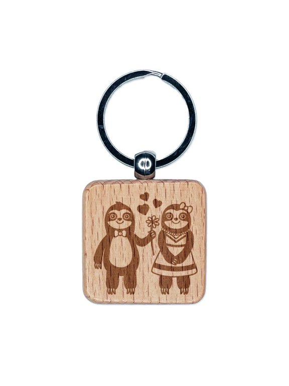 Sloth Couple in Love Anniversary Valentine's Day Square Keychain Charm Tag - Engraved Wood