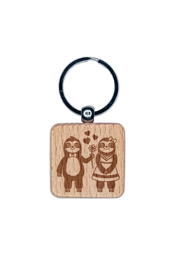 Sloth Couple in Love Anniversary Valentine's Day Square Keychain Charm Tag - Engraved Wood