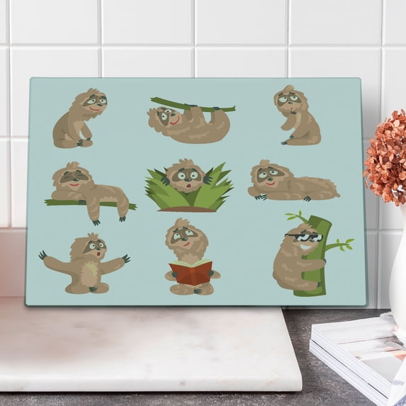 Sloth Cutting Board, Animal Cartoon Character Different Situations Emotions Funny Scared Cool, Decorative Tempered Glass Cutting and Serving Board, Large Size, Pale Brown Green, by Ambesonne