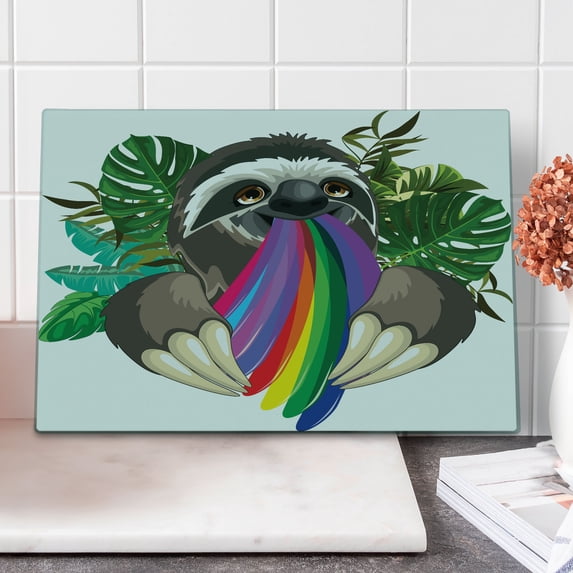 Sloth Cutting Board, Indolent Jungle Animal Spitting Rainbow Colors on Banana Leaves Backdrop Happy Mood, Decorative Tempered Glass Cutting and Serving Board, Large Size, Multicolor, by Ambesonne