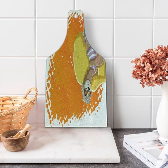 Sloth Cutting Board, Lazy Female Cartoon Sloth on Sofa Napping on Couch Dreaming Mascot Speech Bubble, Tempered Glass Cutting and Serving Board, Wine Bottle Shape, Orange Yellow, by Ambesonne