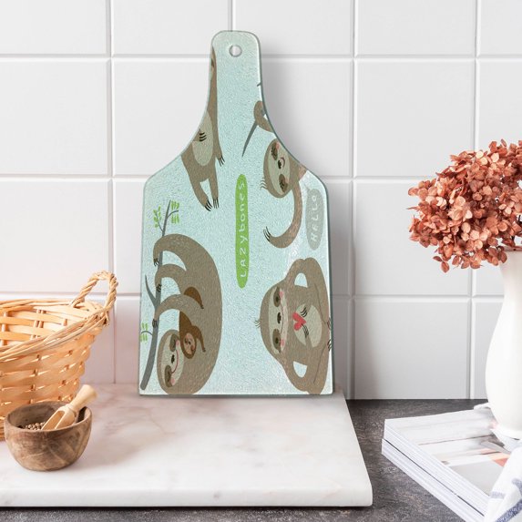 Sloth Cutting Board, Pattern of Funny Lazy Sloths Hugging Family Romance Love, Decorative Tempered Glass Cutting and Serving Board, Wine Bottle Shape, Pale Brown Grey Green, by Ambesonne