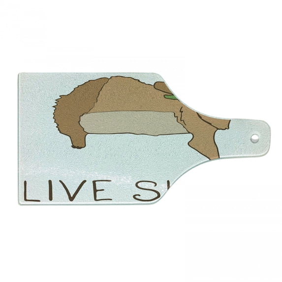 Sloth Cutting Board, Relaxed Happy Animal Lying and Eating Character Live Slow Phrase, Decorative Tempered Glass Cutting and Serving Board, Wine Bottle Shape, Pale Brown, by Ambesonne