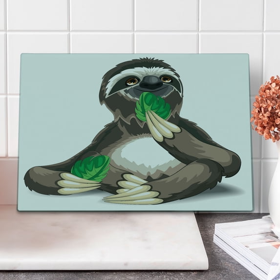 Sloth Cutting Board, Sluggish Wild Jungle Animal Eating Green Leaves Idle Indolent Fun Character, Decorative Tempered Glass Cutting and Serving Board, Large Size, Umber Ivory Green, by Ambesonne