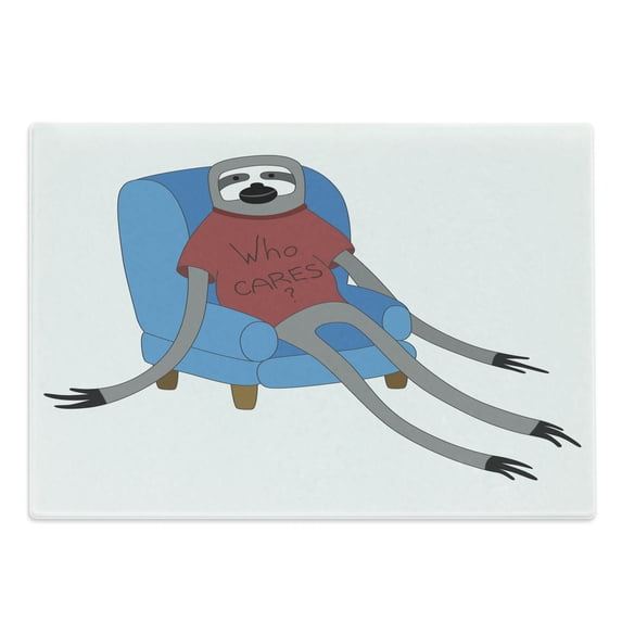 Sloth Cutting Board, Urban Sloth T-Shirt with Inscription Who Cares Procrastination Laziness Idleness, Decorative Tempered Glass Cutting and Serving Board, Large Size, Blue Grey Ruby, by Ambesonne
