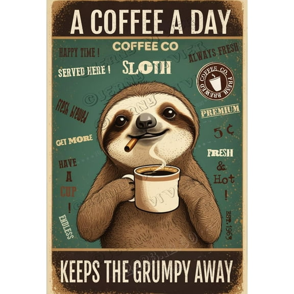 Sloth Decor Coffee A Coffee A Day Keeps The Grumpy Away Vintage Aluminum Sign,12x8 inches, Home Decor, Funny Wall Decor for Home Office Kitchen Cafes Decor