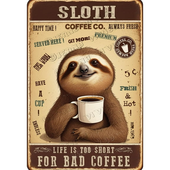 Sloth Decor Coffee Life is Too Short for Bad Coffee Unique Aluminum Sign,12x8 inches,Funny Animal Decor, Home Wall Decor for Cafes Coffee Shop Club Decor,Housewarming Gifts