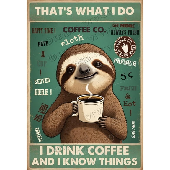 Sloth Decor I Drink Coffee and I Know Things Creative Aluminum Sign,12x8 inches,Funny Wall Decor for Cafes Coffee Shop Club Decor,Housewarming Gifts