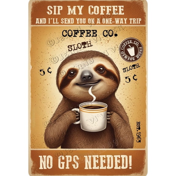 Sloth Decor Sip my coffee, and I'll send you on a one-way trip no GPS needed! Novelty Aluminum Sign,12x8 inches,Funny Wall Decor, Cafes Tin Bar Sign,Cute Animal Decor
