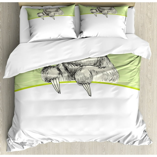 Ambesonne Sloth Duvet Cover Set, Idle Sloth Abstract Green, Calking, Pistachio Green Black