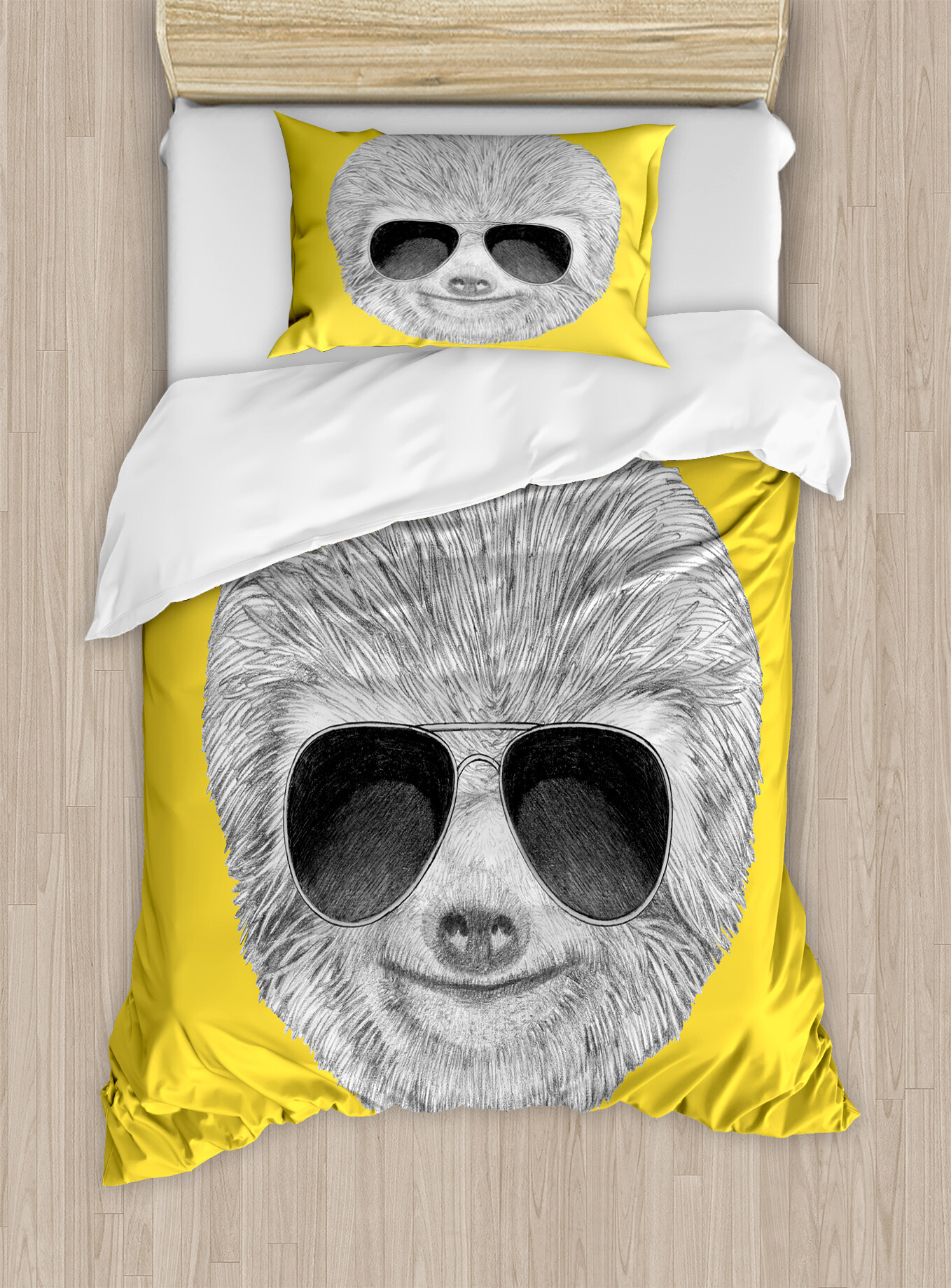 Sloth Duvet Cover Set, Hipster Jungle Animal with Sunglasses Smiling Funny Expression Cool