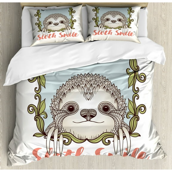 Sloth Duvet Cover Set King Size, Exotic Animal in Floral Frame Sloth Smile Theme with Cute Mammal Portrait, Decorative 3 Piece Bedding Set with 2 Pillow Shams, Olive Green Blue Pink, by Ambesonne