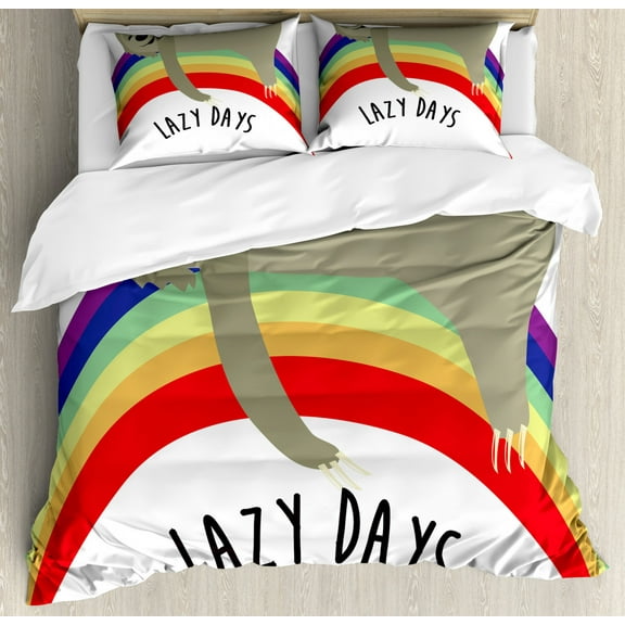Sloth Duvet Cover Set King Size, Lazy Days Phrase with Carefree Sloth Figure on Rainbow Happiness Relaxation Theme, Decorative 3 Piece Bedding Set with 2 Pillow Shams, Multicolor, by Ambesonne