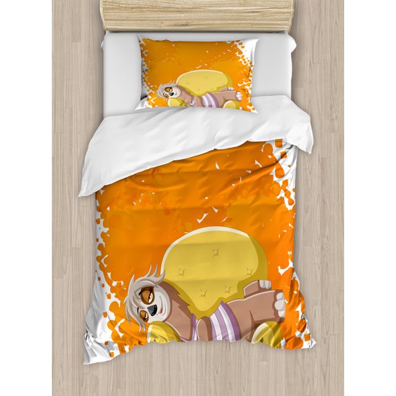 Sloth Duvet Cover Set, Lazy Female Cartoon Sloth on Sofa Napping on Couch Dreaming Mascot Speech Bubble, Decorative 2 Piece Bedding Set with 1 Pillow Shams, Twin Size, Orange Yellow, by Ambesonne
