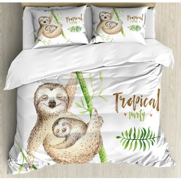 Sloth Duvet Cover Set, Mother and Animals Family Happiness Watercolor Boho Tropical Elements, Decorative 3 Piece Bedding Set with 2 Pillow Shams, Calking Size, Pale Brown Green, by Ambesonne