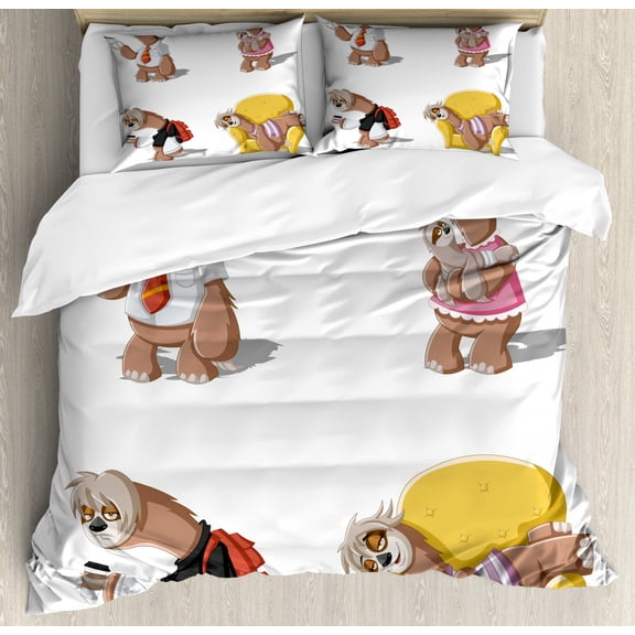 Sloth Duvet Cover Set Queen Size, Cartoon Lazy Sloths Family Father Mother Baby Resting Drinking Coffee Going to Work, Decorative 3 Piece Bedding Set with 2 Pillow Shams, Multicolor, by Ambesonne