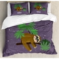 thumbnail image 1 of Sloth Duvet Cover Set Queen Size, Cute Cartoon Character Sleeping on Branch Jungle Animal in Night Sky Kids Theme, Decorative 3 Piece Bedding Set with 2 Pillow Shams, Plum Brown Green, by Ambesonne, 1 of 3