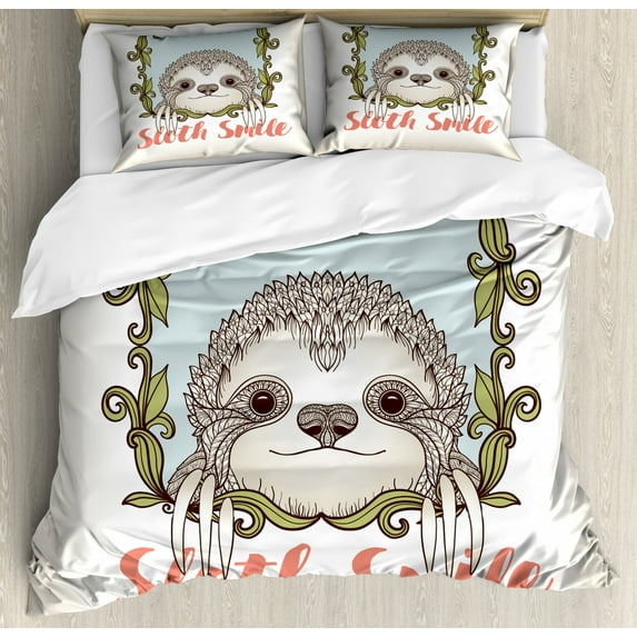 Sloth Duvet Cover Set Queen Size, Exotic Animal in Floral Frame Sloth Smile Theme with Cute Mammal Portrait, Decorative 3 Piece Bedding Set with 2 Pillow Shams, Olive Green Blue Pink, by Ambesonne
