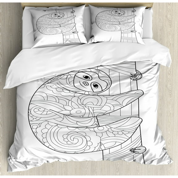 Sloth Duvet Cover Set Queen Size, Sloth Animal Outline Figure on Branch with Ornate Details Ethnic Swirled Elements, Decorative 3 Piece Bedding Set with 2 Pillow Shams, Black White, by Ambesonne