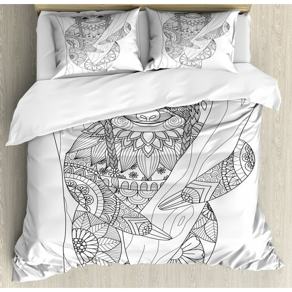 Sloth Duvet Cover Set Queen Size, Smiling Cute Animal on Tree with Various Floral Details Monochrome Artistic Wildlife, Decorative 3 Piece Bedding Set with 2 Pillow Shams, Black White, by Ambesonne