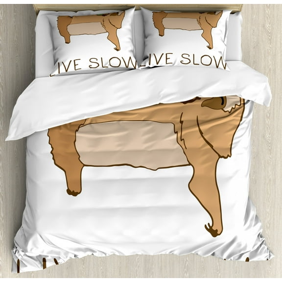 Sloth Duvet Cover Set, Relaxed Happy Animal Lying and Eating Character Live Slow Phrase, Decorative 3 Piece Bedding Set with 2 Pillow Shams, Queen Size, Pale Brown, by Ambesonne