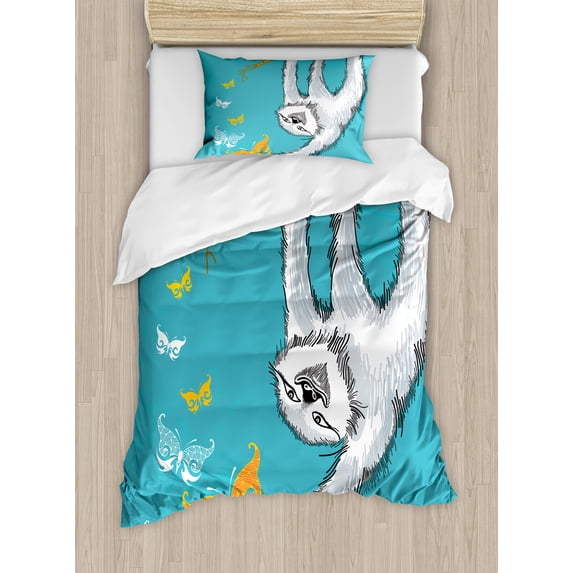 Sloth Duvet Cover Set, Sketchy Sloth with Butterflies Ornate Branch Nature Inspired Art Design, Decorative 2 Piece Bedding Set with 1 Pillow Shams, Twin Size, Teal Pale Grey Orange, by Ambesonne