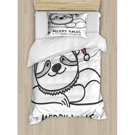 Sloth Duvet Cover Set, Smiling Animal Christmas Hat Merry Xmas and Happy New Year Celebration, Decorative 2 Piece Bedding Set with 1 Pillow Shams, Twin Size, Grey Red Black, by Ambesonne