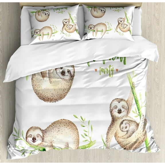 Sloth Duvet Cover Set, in Tropical Nature Theme Exotic Palm Tree Leaves Aloha, Decorative 3 Piece Bedding Set with 2 Pillow Shams, Calking Size, Pale Brown Green, by Ambesonne