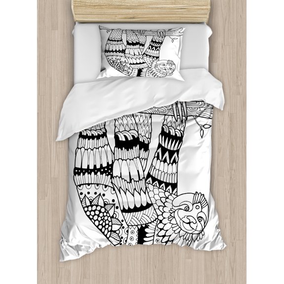 Sloth Duvet Cover Set Twin Size, Sloth Figure with Artistic Ornamental Details Tropical Animal in Ethnic Tribal Style, Decorative 2 Piece Bedding Set with 1 Pillow Sham, Black White, by Ambesonne