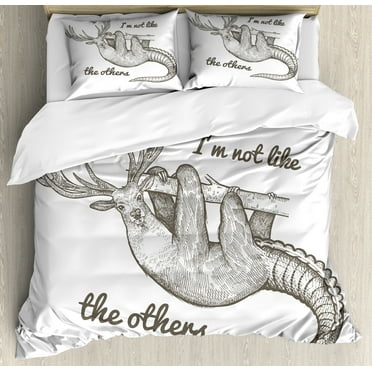Sloth Duvet Cover Set, Unusual Animal Words Im Not Like the Others Inspirational Vintage, Decorative 3 Piece Bedding Set with 2 Pillow Shams, Calking Size, Grey Black White, by Ambesonne