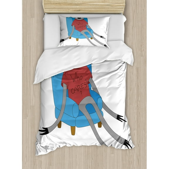 Sloth Duvet Cover Set, Urban Sloth T-Shirt with Inscription Who Cares Procrastination Laziness Idleness, Decorative 2 Piece Bedding Set with 1 Pillow Shams, Twin Size, Blue Grey Ruby, by Ambesonne