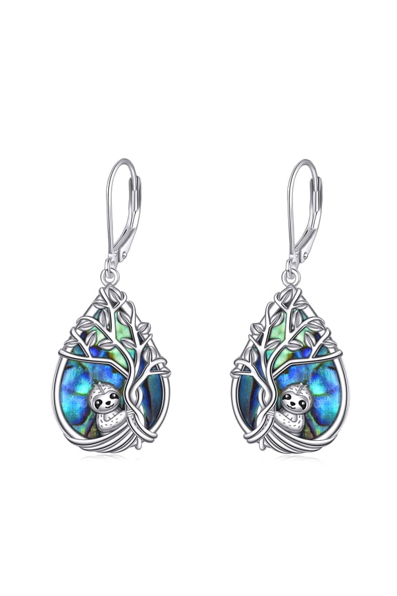 Sloth Earrings Sterling Silver Abalone Shell Sloth Dangle Earrings Tree of Life Animal Jewelry Gifts for Women