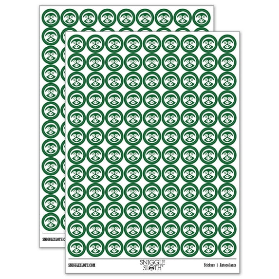 Sloth Face 200+ Round Stickers - Dark Green - Gloss Finish - 0.50" Size