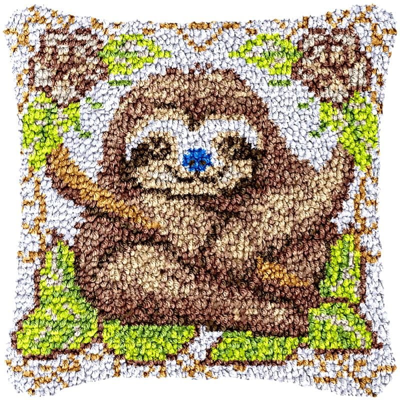 Sloth Face Smile Latch Hook Pillow Cover Kits for DIY Handmade Throw Pillow Cross Stitch Latch Hook Pillowcase Rug Kits with Preprinted Color Pattern Canvas Crochet Yarn Kits 17''X 17''(ch61)