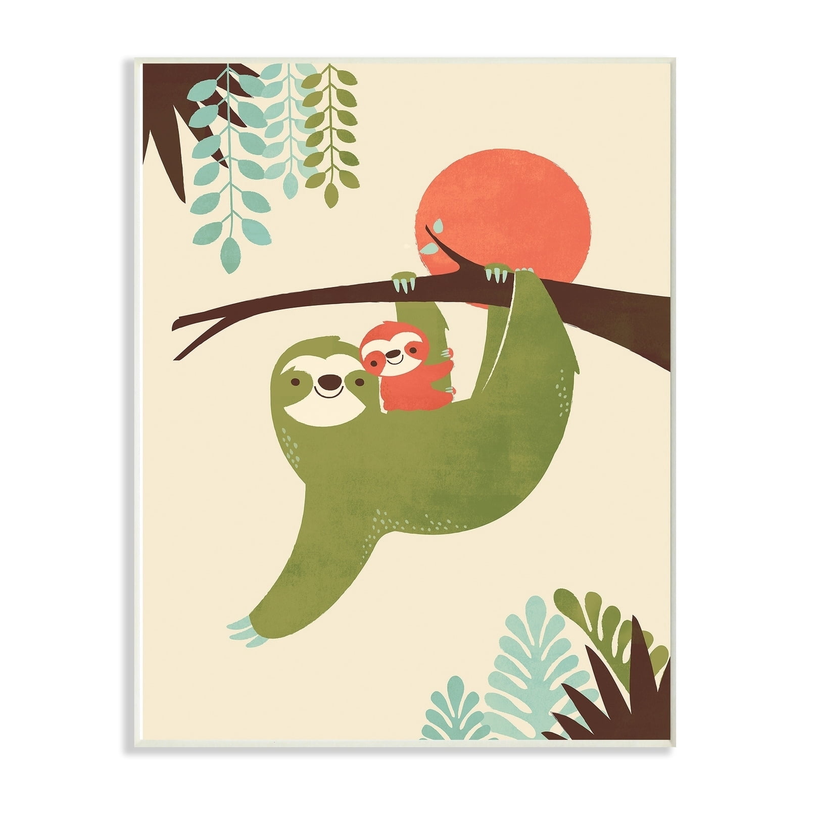 Sloth Family Minimal Illustration Green Blue Brown and Red Wall Plaque Art, 10 x 15