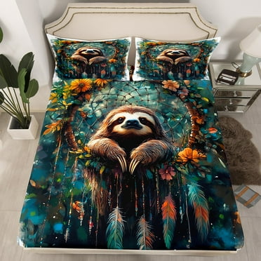 Sloth Fitted Sheet Dream Catchers Sheets,Boho Floral Feather Bed Sheets Twin,Woodland Animals Bedding Set,Exotic Bohemian Decor （No Top Sheet）