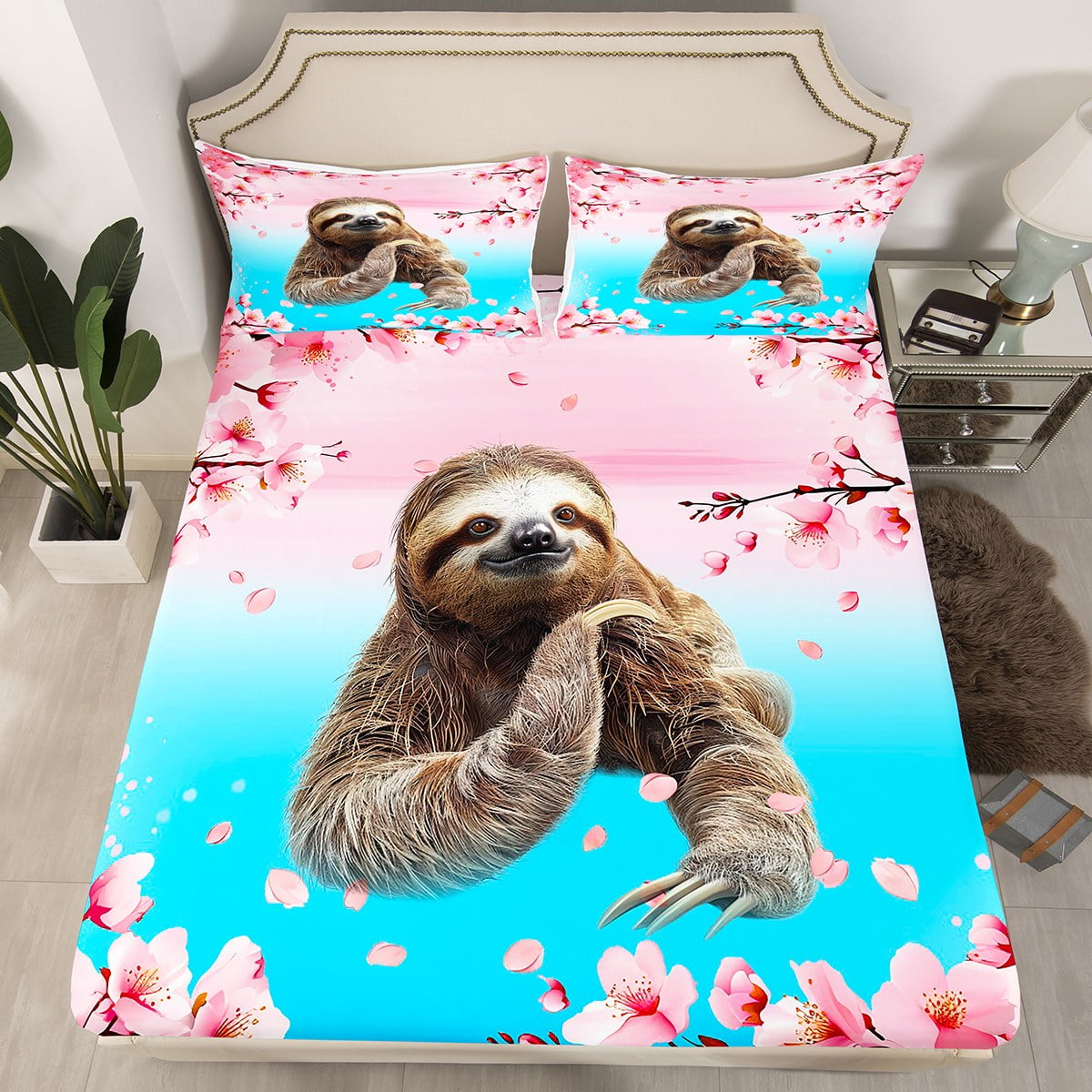 Sloth Fitted Sheet Wild Animal Queen Bed Sheets for Girls,Cherry ...