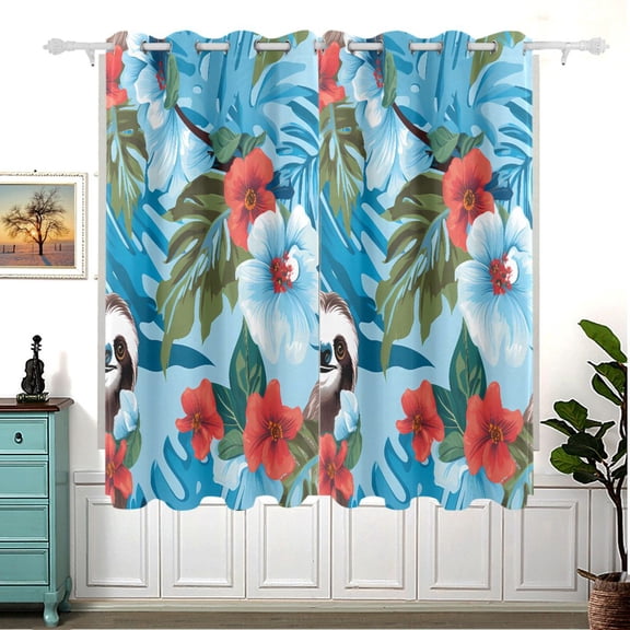 Sloth Flowers Leaves Blue Blackout Curtain Panels 63x55in Drapes Privacy Assured for Living room Bedroom Bathroom 2 panels set