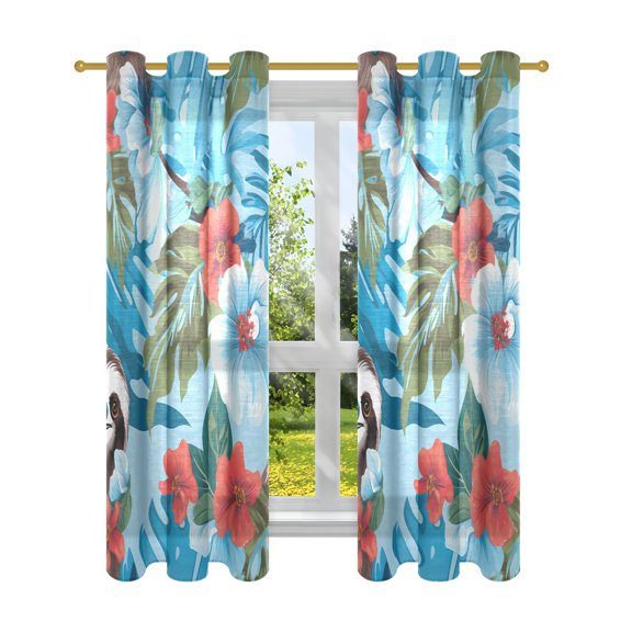 Sloth Flowers Leaves Blue Blackout Curtains Patio Door Curtains Window Decoration for Bedroom Living Room 2 Panels