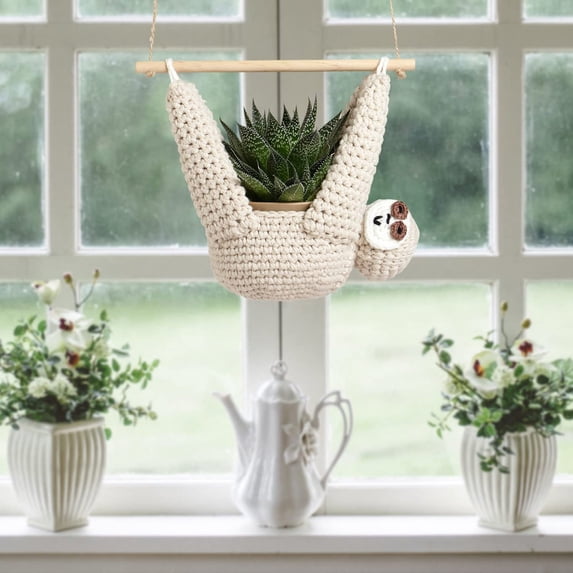 Sloth Gift Sloth Hook Suitable For Succulent Pots Hanging Flower Pots Suitable For Couples Home Decoration Flower Pot (1 Sloth Bear Small Flower Pot+Wooden Stick+Rope)