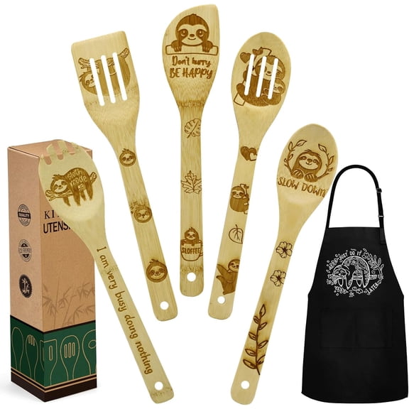 Sloth Gifts for Women, Kitchen Cooking Utensils Set include Unique Bamboo Cooking Spoons Apron, Personalized Christmas Mother's Day Housewarming Gift Idea for Mom