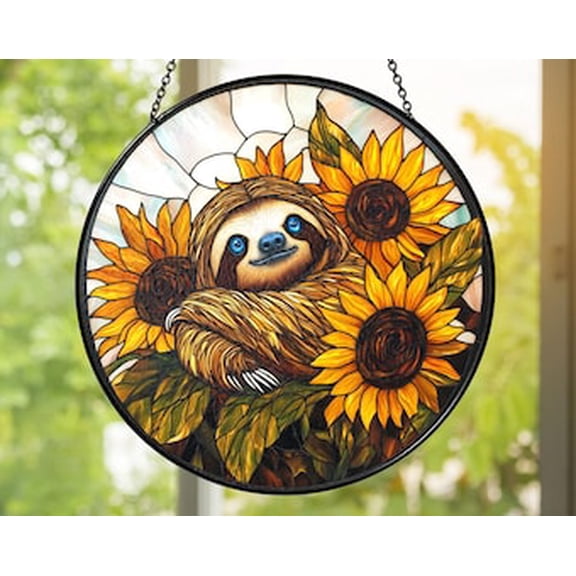 Sloth Glass Suncatcher | Sunflower Window Hanging Boho Rustic Farmhouse Décor | Handmade Gift for Sloth Lovers, 6.3 in