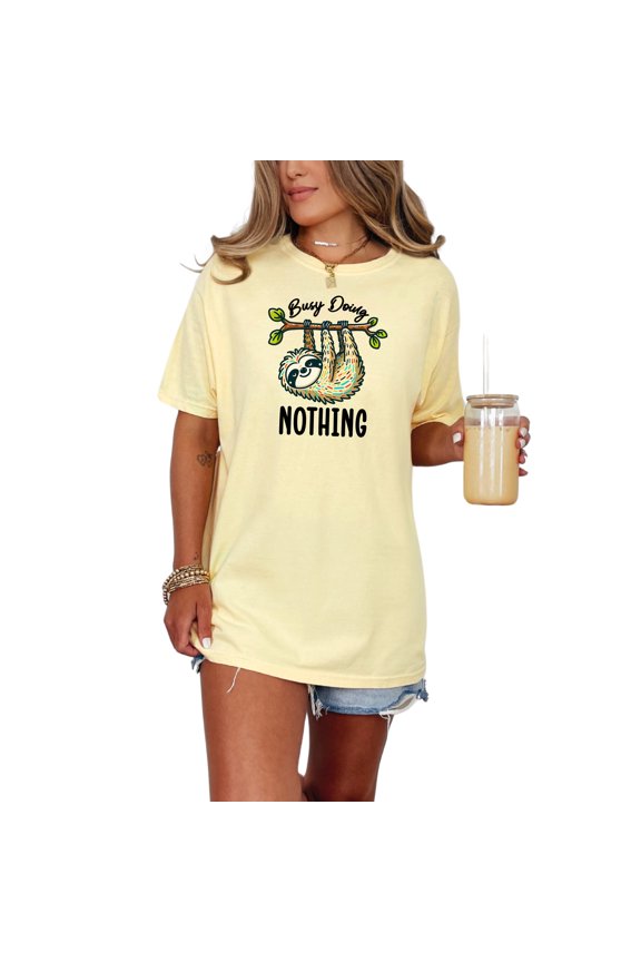 Sloth Graphic Tee, Busy Doing Nothing Shirt, Cute Sloth Design, Funny Casual T-Shirt, Relaxed Fit Graphic T-Shirt, Sloth Lovers Gift, Butter Comfort Colors T-Shirt, Medium