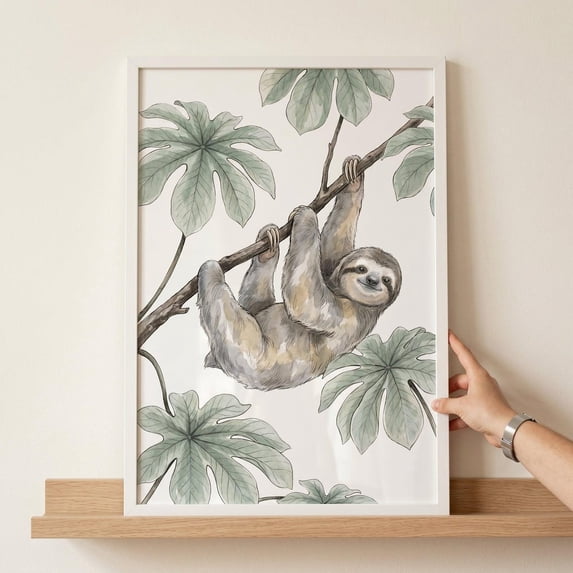 Sloth Hanging Among Tropical Leaves Wall Art Print, Rainforest Jungle ...
