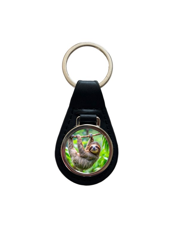 Sloth Hanging From Branch Metal Black Leather Keychain