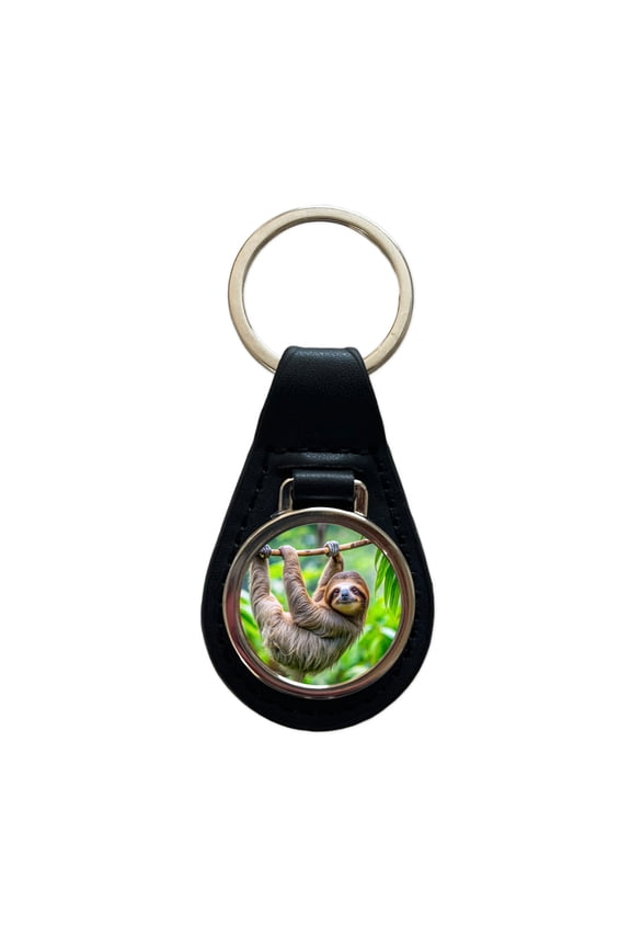 Sloth Hanging From Branch Metal Black Leather Keychain
