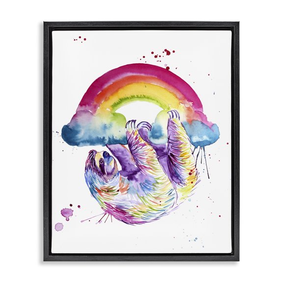 Stupell Industries Sloth Hanging From Rainbow Black Framed Floater Canvas Wall Art, design by Jennifer Seeley, 31 x 25