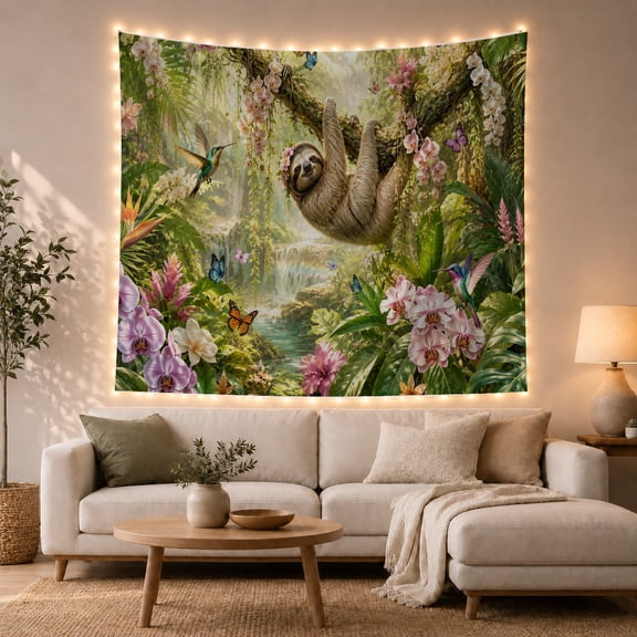 Sloth Hanging on Mossy Branch with Waterfall in Tropical Forest, Dreamy Fantasy for Wildlife Lovers, Botanical Wall Art Decor, Housewarming Gift, Tapestry Wall Hanging for Living Room and Bedroom