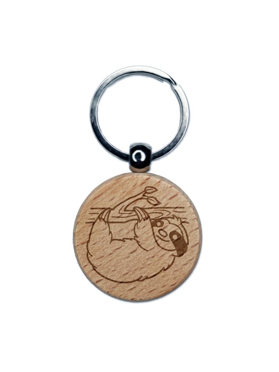 Sloth Hanging from a Branch Round Keychain Charm Tag - Engraved Wood
